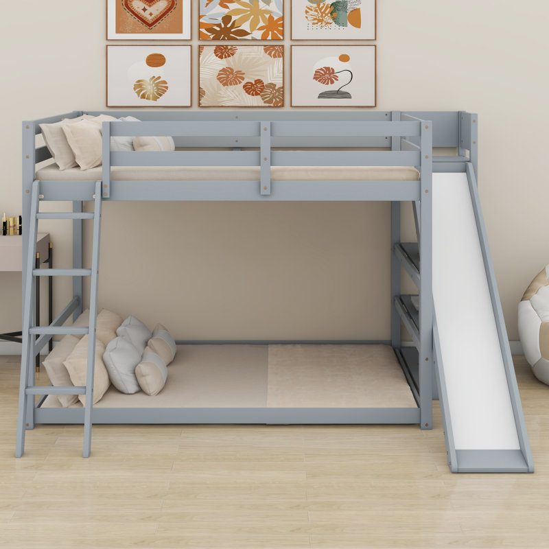 Lit superposé avec échelle, glissade et tablettes, Gris