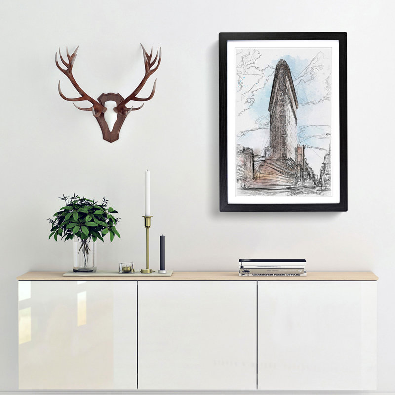 Flatiron Building in New York in Abstract - Picture Frame Graphic Art Print, 87cm H x 62cm W x 2cm D, Black Framed