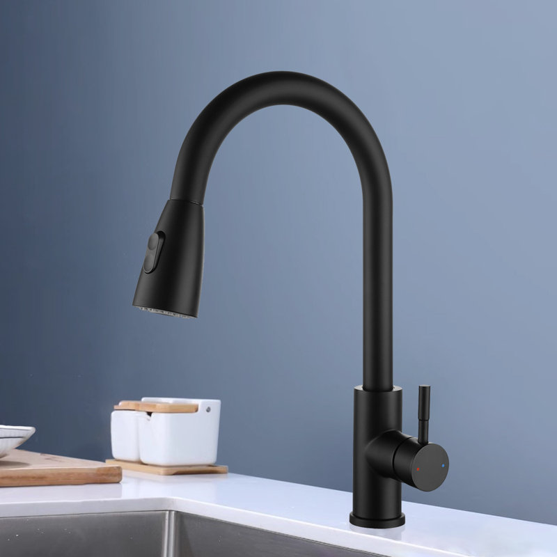 Robinet d'évier de cuisine à poignée simple rétractable noir mat, Noir mat