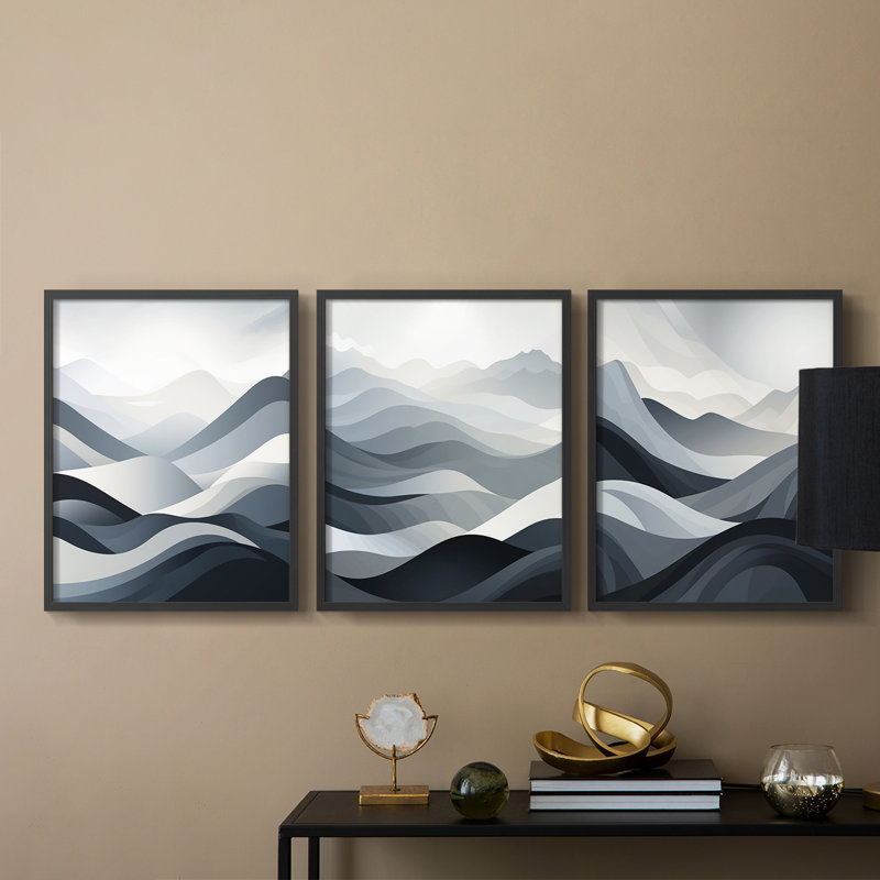 Lanscape Study Series LIX -Set de 3 estampes numériques giclées -Prêt à accrocher, Cadre noir, H 20 po x l 16 po