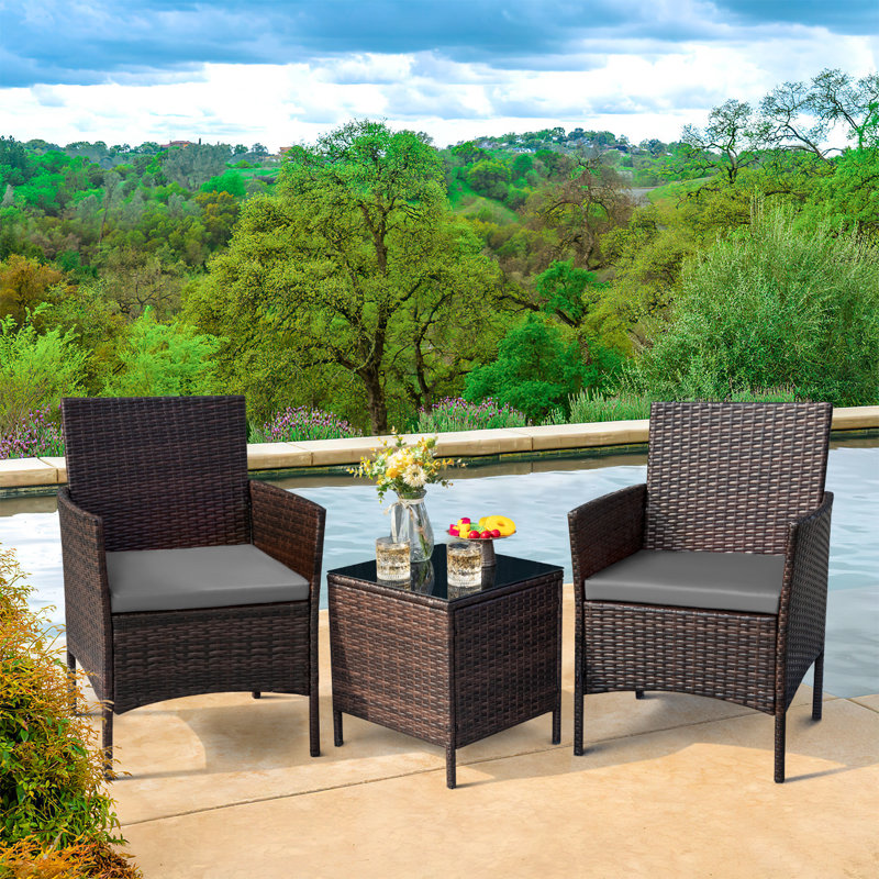 Jagger 3-Piece Seating Group with Cushions and Tempered Glass Top Table , Gray