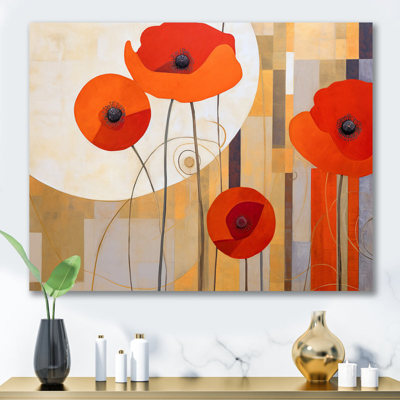 " Bold Orange Cubic Flowers ", Wrapped Canvas, 16" H x 32" W x 1" D