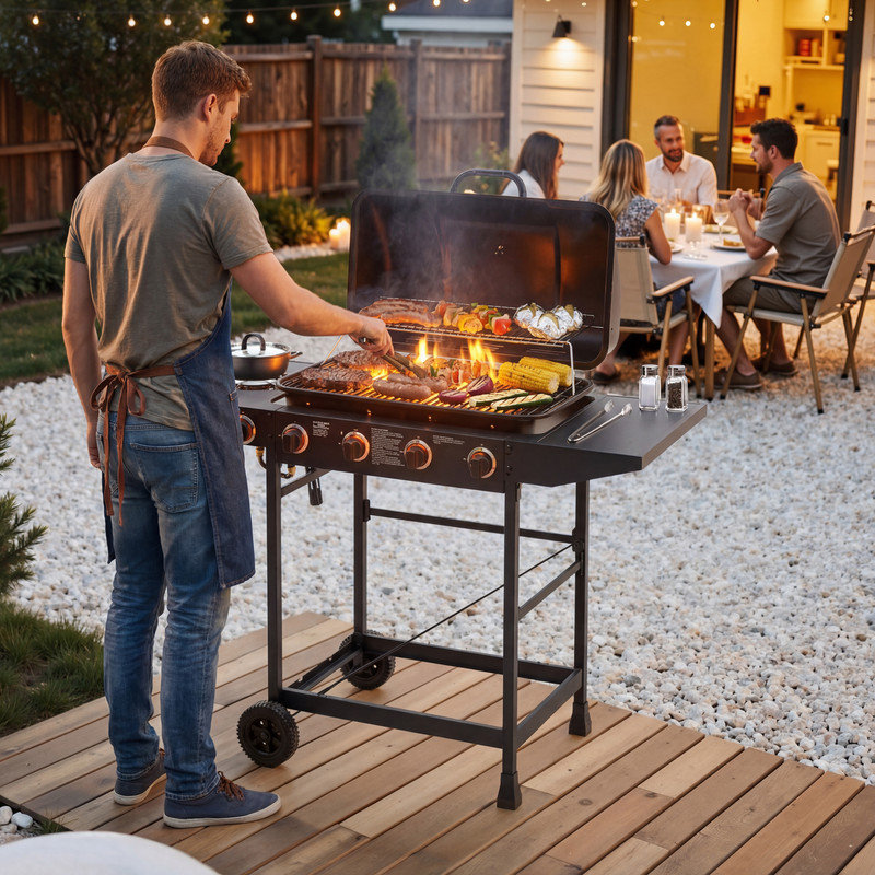 Barbecue au gaz propane à 4 brûleurs avec brûleur latéral, barbecue extérieur de 42 000 BTU et 534 pieds carrés, grilles recouvertes d'émail, grille de réchaud et table d'appoint pliable