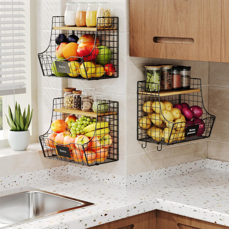 3 Pack Fruit Basket For Kitchen With Wood Lid - Counter&wall Mounted Onion And Potato Storage With Nameplate, Stackable Storage Basket, Hanging Metal Wire Baskets Kitchen Countertop Organizer Pantry