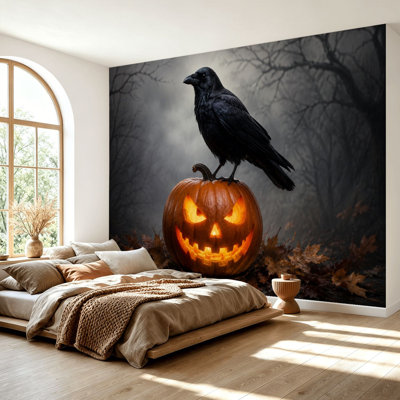 Wall Mural Peel and Stick Wallpaper Halloween Gothic Raven Perched Glowing Jack-o'-lantern Spooky Forest Self-Adhesive Removable Contact Paper Wall Decor for Living Room Bedroom 69"H x 96"W