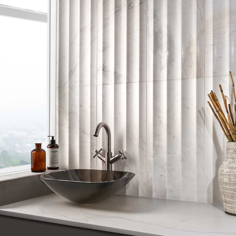 Stonework Alaska White 12x24 Marble Tile, Fluted 3D Honed