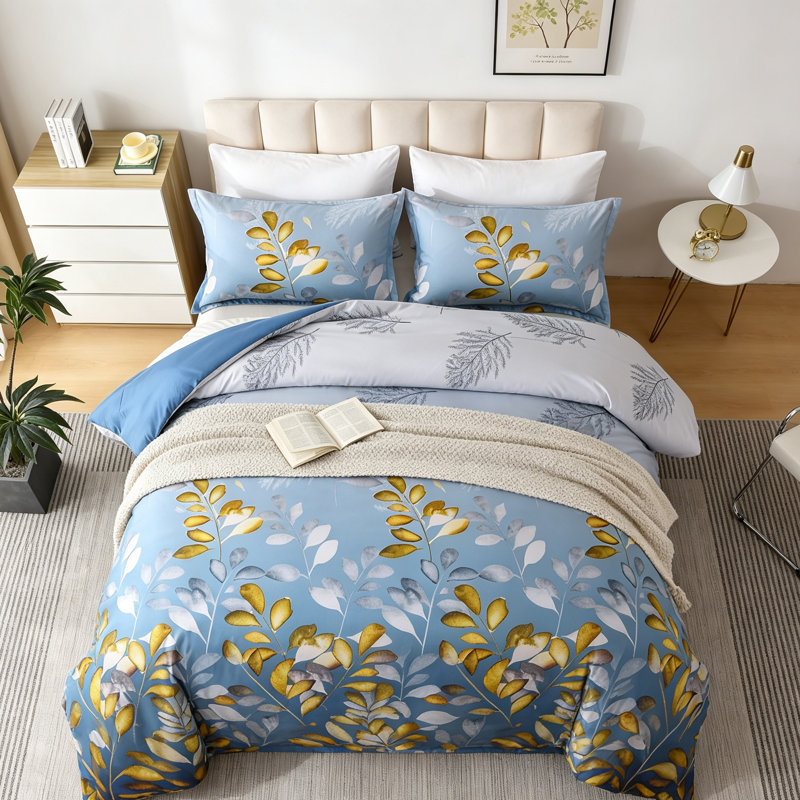 King Navy Gold Botanical Reversible Comforter Set - All Season Soft, Blue/Yellow Floral