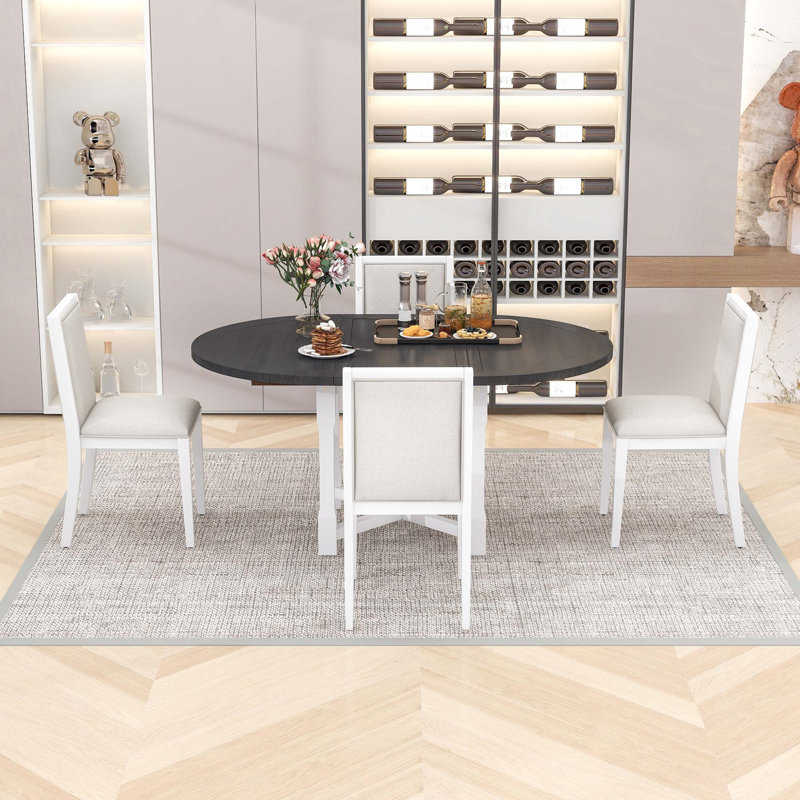 Ensemble de table de salle à manger extensible 5 pièces avec chaises rembourrées, Gris blanc