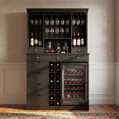 Ensemble d'armoire de bar 47,2 po avec refroidisseur à vin 34 bouteilles, porte-verres à pied, rangement pour bouteilles de vin, 9 tiroirs et grand comptoir