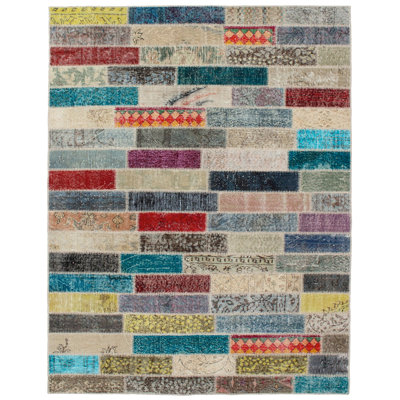 Tapis décoratif en laine noué à la main de conception unique noué à la main New Age 5 pi 5 po x 7 pi 7 po Bengy/turquoise/jaune