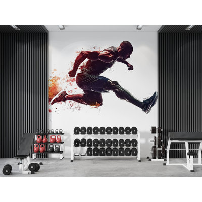 Murale d'athlète sautant, papier peint de gymnastique, autocollant mural orange de remise en forme, décor de salle de gym à domicile, art de salle d'entraînement 628MV