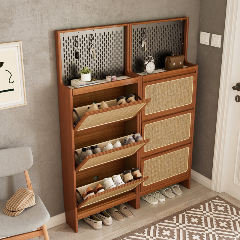 Armoire à chaussures étroite avec 3 tiroirs rabattables et une entrée de 65 po de hauteur, peu encombrante, noire