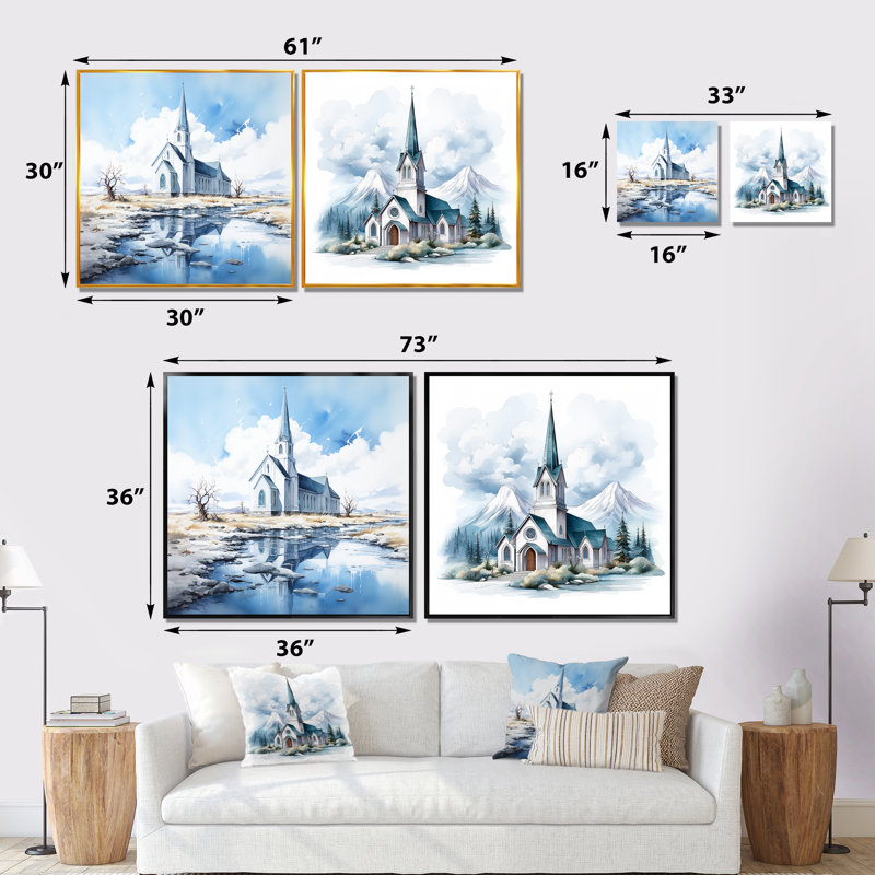 Mountain Church Sanctuary I - Ensemble de salon mural 2 pièces Church, Cadre flottant blanc, H 36 po x l 73 po x P 1,5 po
