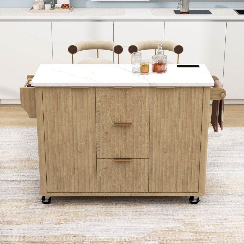Rolling Kitchen Island with Drop Leaf, Power Outlet, Faux Marble Top and Adjustable Shelves, Natural
