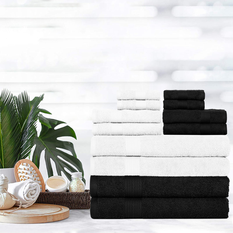 100% Cotton Bathroom Towel Set of 12 Absorbent Soft Plush Fast Drying, White/Black