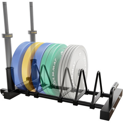 Horizontal Olympic Weight Plate Rack | 330lbs Capacity Powder-Coated Steel Frame | 4 Plate Storage Slots + 2 Barbell Holders | Adjustable Slot Spacing | Includes Wheels & Non-Slip Handles