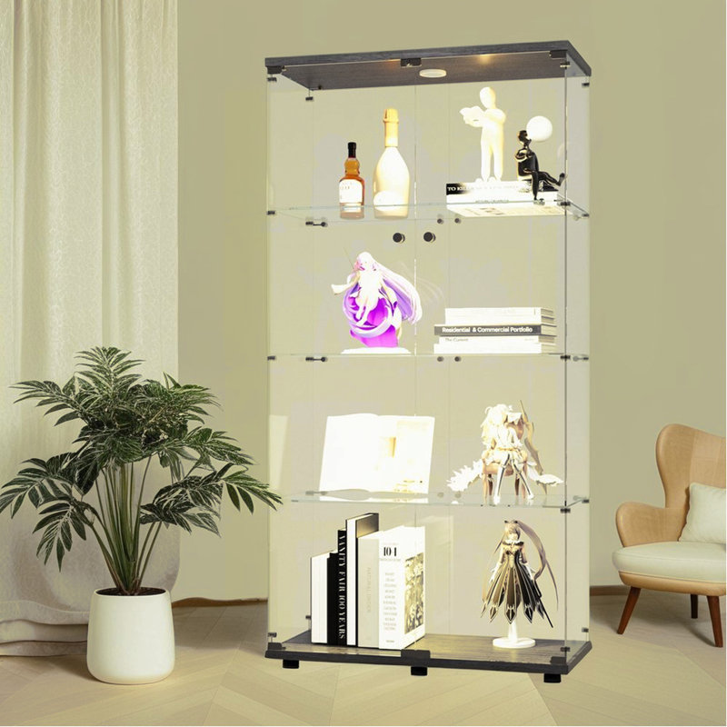 Vitrine lumineuse en verre à deux portes avec 4 tablettes, Noir