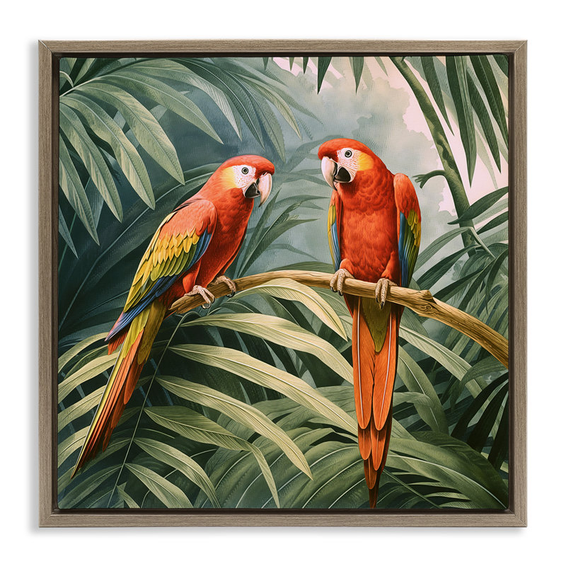 «Parrot Duo In Rainforest», art mural encadré par Steve Hunziker, Cadre flottant orme Montalcino, H 18 po x l 18 po