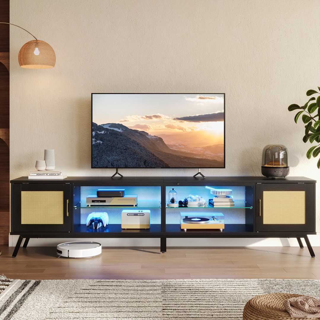 203cm Tv Stand With Led for Tvs Up to 85", Rattan Entertainment Center with Cabinets and Open Compartments