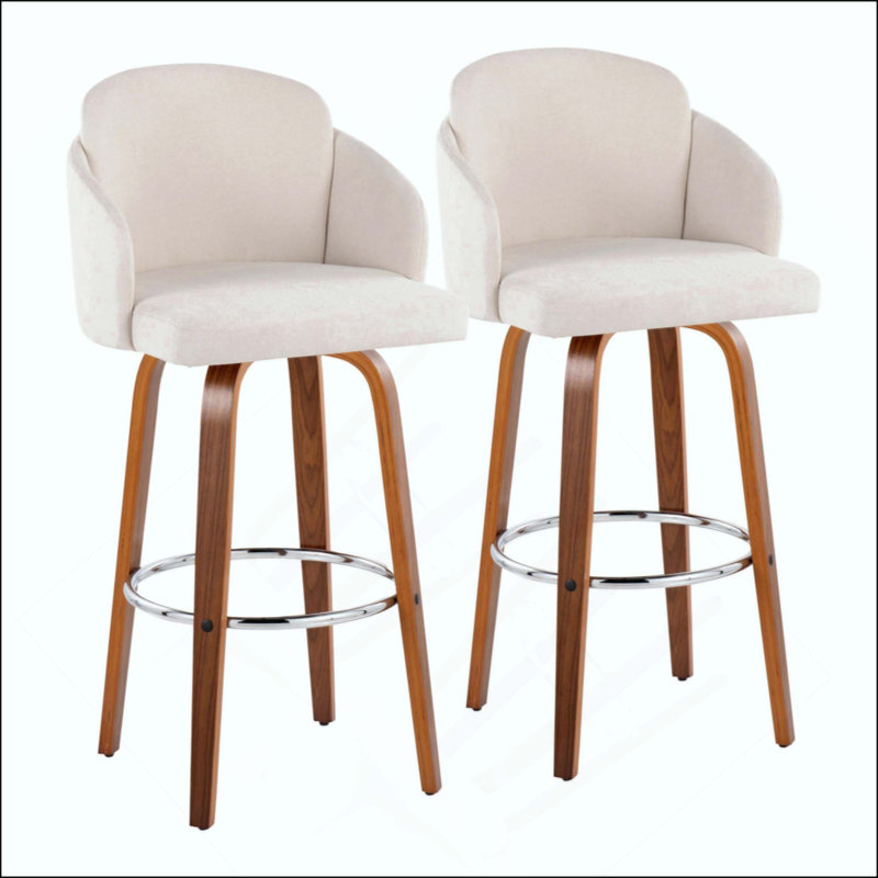 Tabouret de bar à hauteur fixe en bois avec repose-pieds rond chromé - ensemble de 2, Siège beige / cadre noir / argent