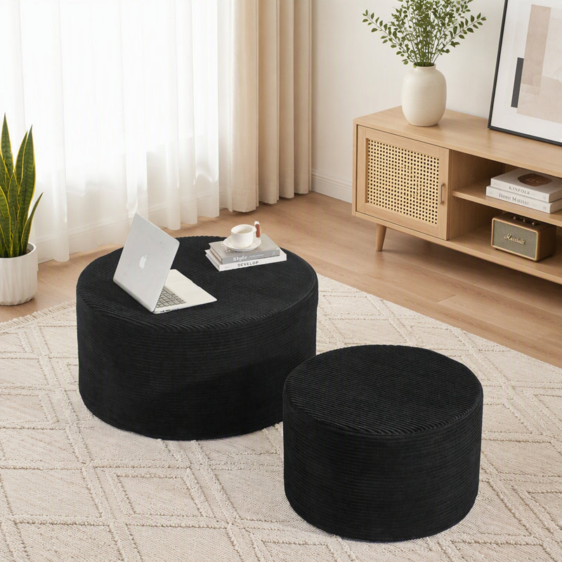 Ensemble de 2 poufs cylindriques rembourrés pour une assise et un repose-pieds flexibles, Noir
