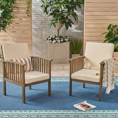 Outdoor Chairs  2  - Cream Cushions And Gray Wood Frame 2Pcs Club Stylish Functional Design