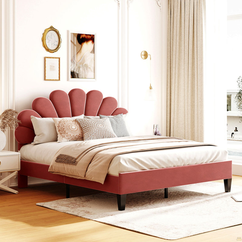 Grand lit plateforme tapissier avec tête de lit en velours à motif floral, Red, Queen