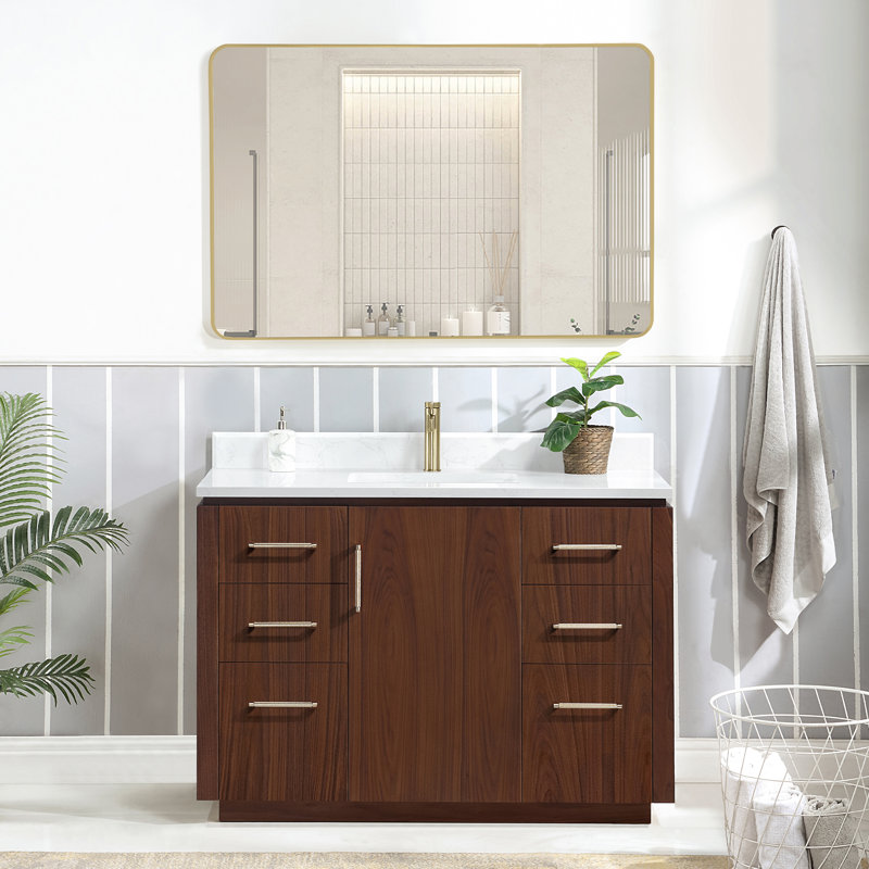 Cloverfield 48 " W Freestanding Standard 1 Single Vanity Bathroom Vanity With Cultured Marble Top with Mirror, Natural Walnut