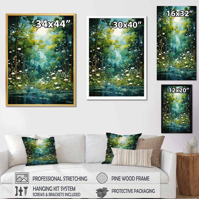Toile Bold Forest Emerald IV - Paysage et nature, art mural, Cadre flottant doré, H 32 po x l 16 po x P 1 po