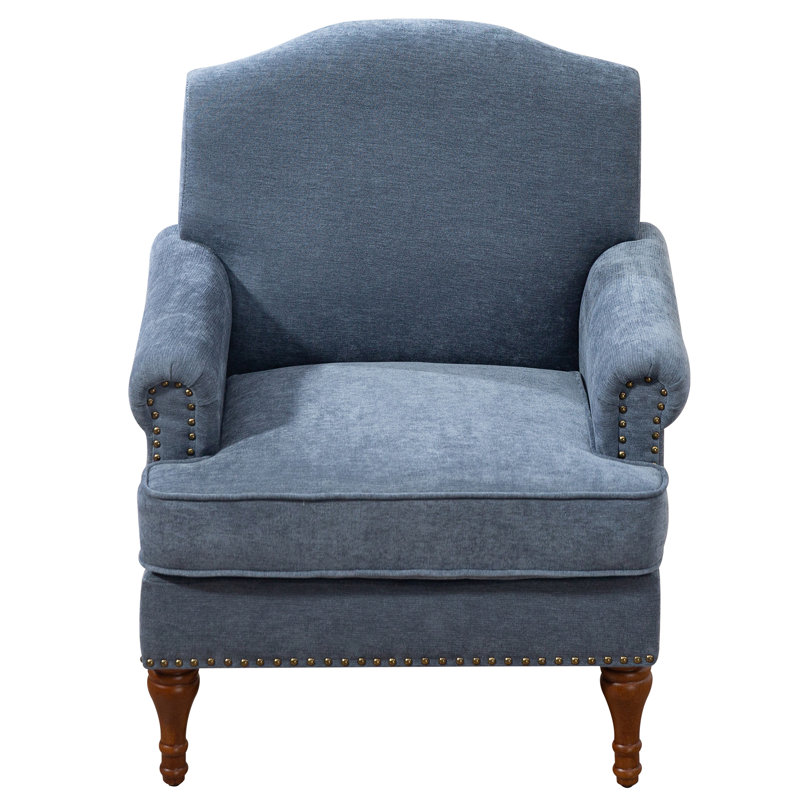 Modern Accent Chair with Retro Wooden Legs & Nailhead Trim, Blue Fabric, Natural, 35.4" H x 28.7" W x 24" D