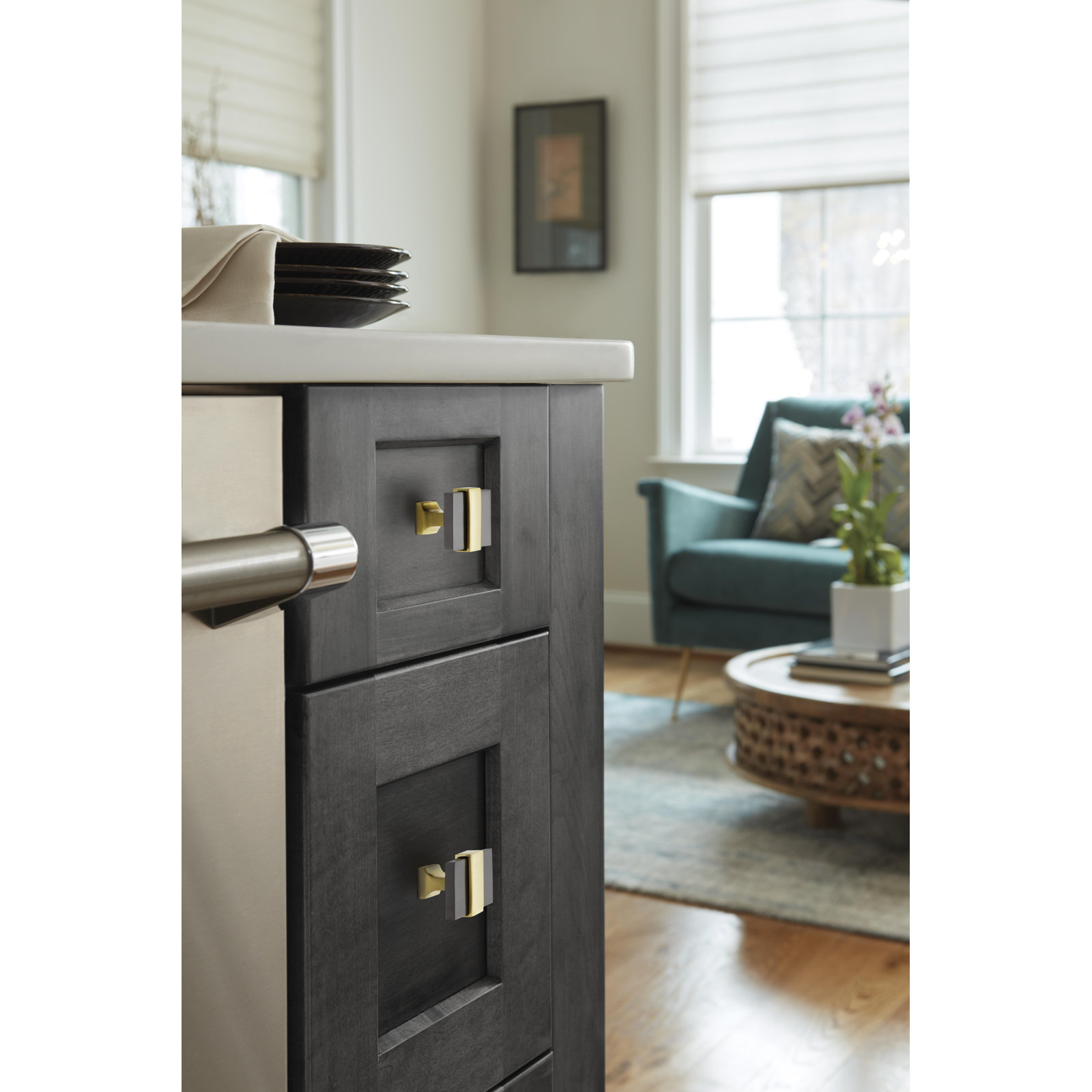 Overton Square Cabinet Knob, Black Chrome/Brushed Gold