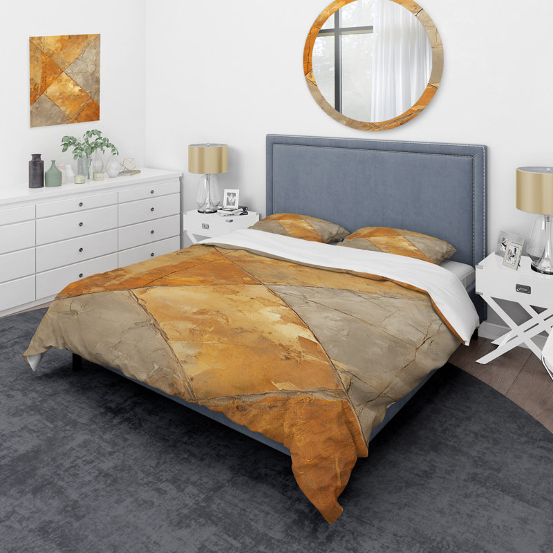 Ensemble de housse de couette à carreaux abstraits dorés Mosiac Charm, Housse de couette simple + 1 taie décorative stan