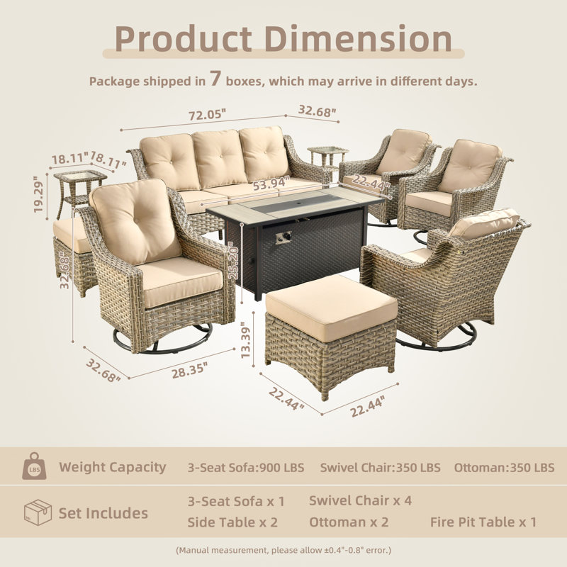 10 Pieces Patio Furniture Set With 53" Fire Pit Table, Outdoor Wicker Swivel Rocking Chairs With Comfy Cushions, All-weather High Back Sofa Couch Set For Backyard Or Lawn