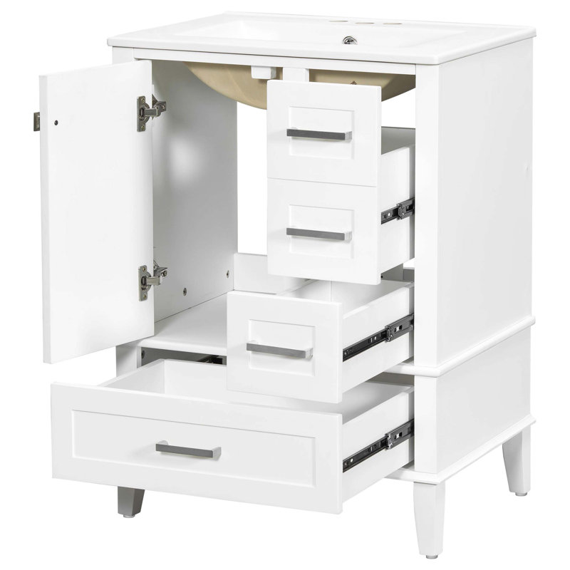 Meuble-lavabo autoportant peu encombrant avec plusieurs tiroirs et lavabo en céramique, White