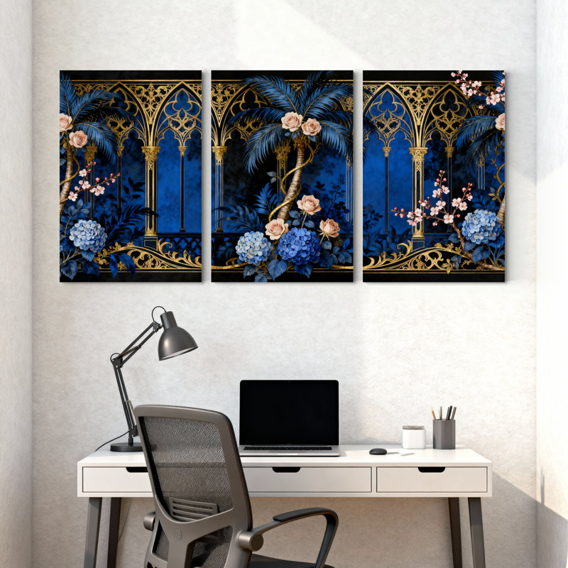 Plantes et fleurs, ensemble de 3 impressions sur toile à motif floral arche gothique bleu, H 36 po x l 24 po