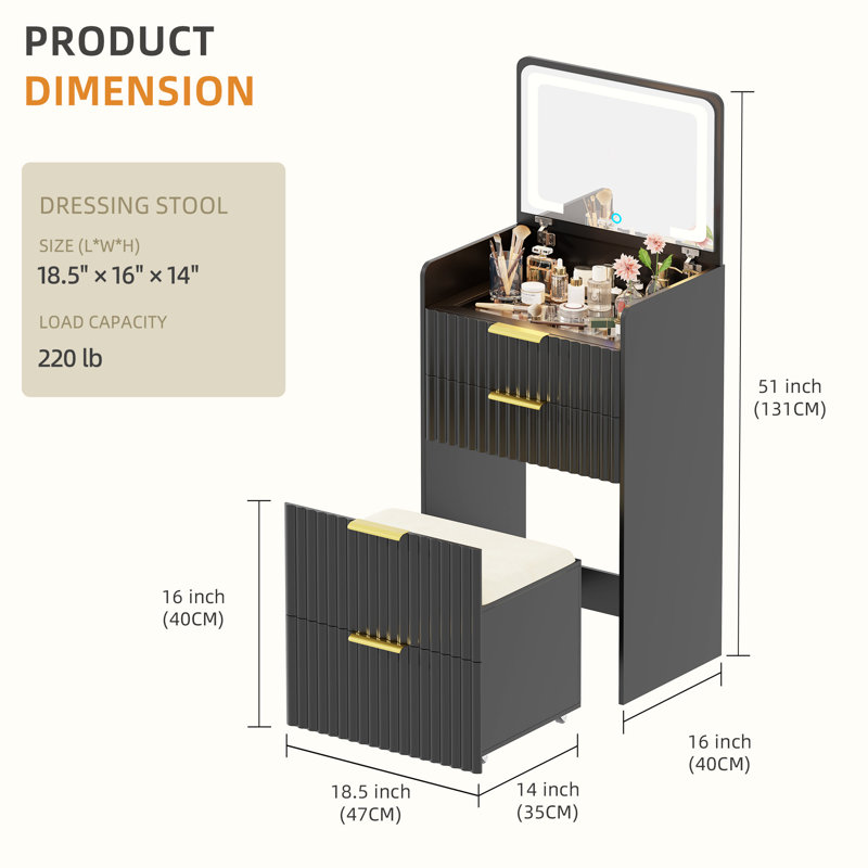 Compact Vanity Desk With Flip-up Led Mirror, Glass Drawer, And Hidden Stool Storage, Black
