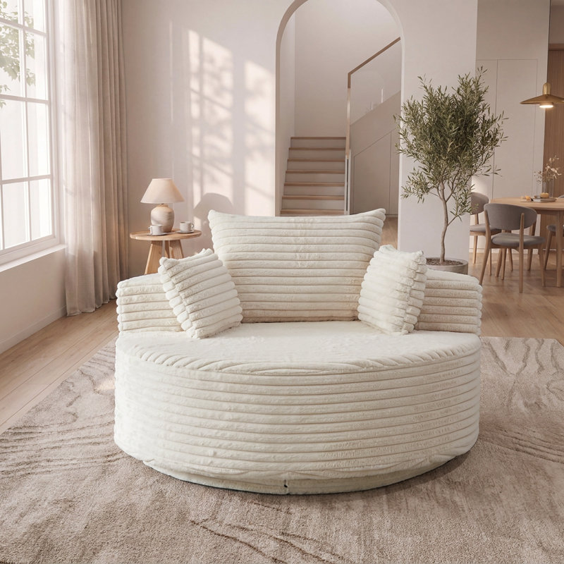 Chaise pivotante moderne de 55 pouces avec dossier coussiné, rotation à 360 degrés, Beige