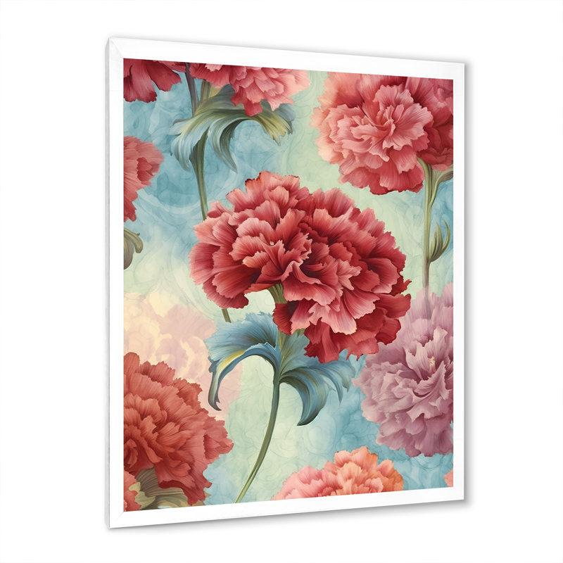 Harmonie des œillets rouges sur toile, Cadre simple blanc, H 44 po x l 34 po x P 1,5 po