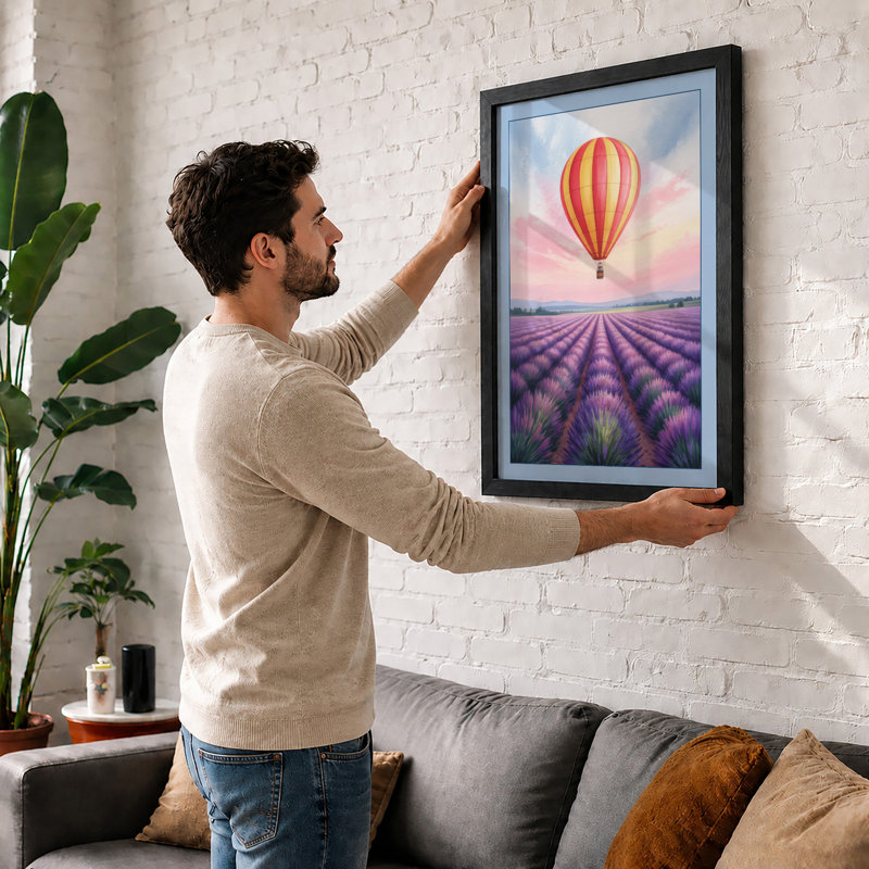 Balloon Over Lavender Boho - Framed Print, A2 - 59.4 x 42.0 cm, Black