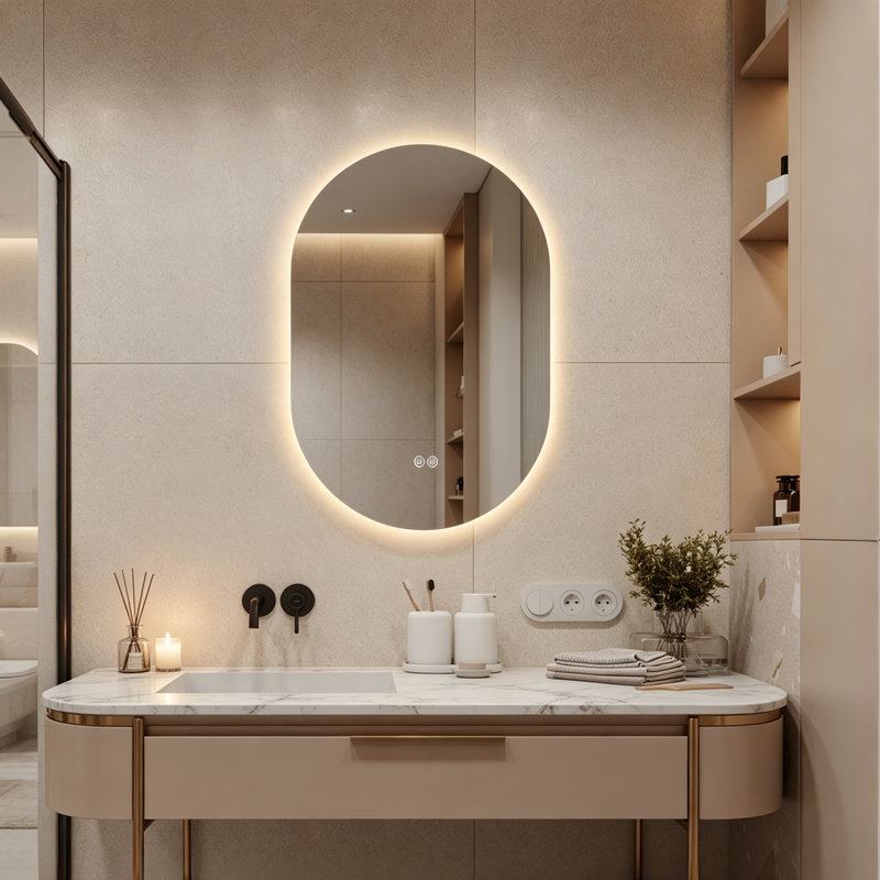Miroir de salle de bain moderne à DEL avec désembueur, éclairage 3 couleurs à intensité variable et verre incassable