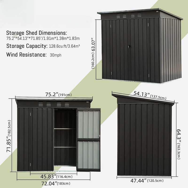 Black Metal Tool Storage With Sloping Roof & Double Doors - 6x4ft Backyard Shed Reinforced Structure 6x4ft,