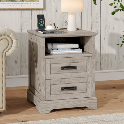 Farmhouse Nightstand with Charging Station, 2 Drawers Bed Side Table, 18 inch Wide End Table for Bedroom, Living Room by August Grove