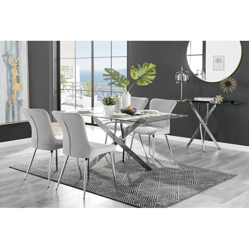 Tierra Glass And Chrome Dining Table with 4 Luxury Velvet Dining Chairs, Light Grey/Silver, 4