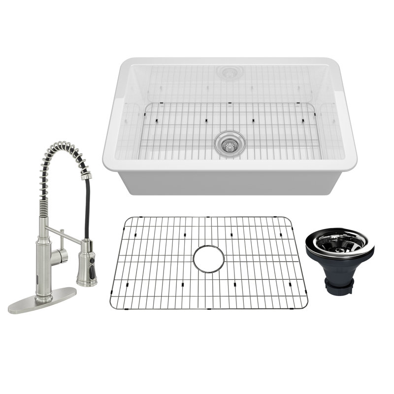 31.88'' L Single Bowl Fireclay Kitchen Sink, Brushed Nickel