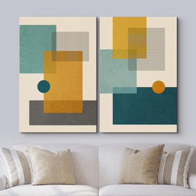 Abstrait, blocs de couleurs vibrantes, sarcelle et jaune, formes abstraites, moderne et chic sur toile, 2 pièces