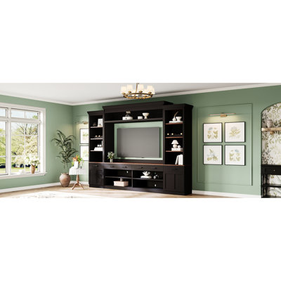 70 - Inch Tv Compatible 4 Piece Stand, Walnut Hued, Black Cabinet, Mid Century Storage And Functional Display Entertainment Center, Ready, Media Console With Shelf Adjustability