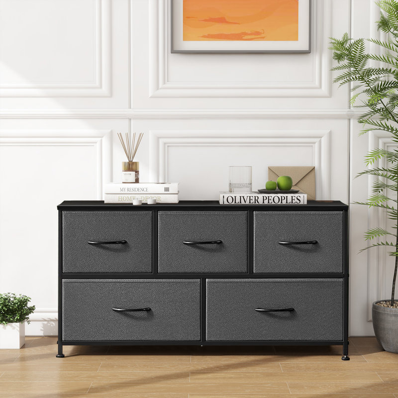 Berlina 5 Drawers Dresser For Bedroom, Wide Chest Fabric Dresser, Storage Organizer For Closet, Hallway, Gray