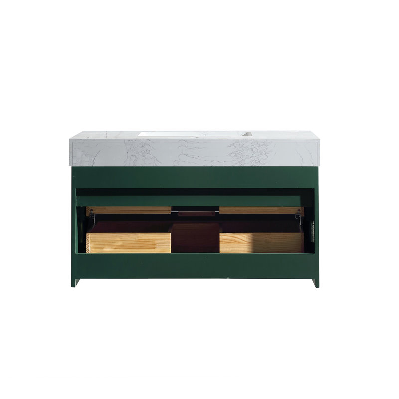 Meuble-lavabo mural en bois flottant avec plateau en acrylique blanc, Vert, 36"
