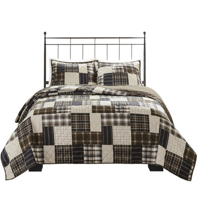 Black/Brown Reversible Quilt For King/ King, With Channel Quilting And Soft Fill King 3 Piece In Patchwork Print Plaid Reverse