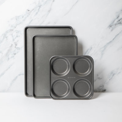 3pc Non-Stick Bakeware Set with 2x Baking Trays and 4-Hole Yorkshire Pudding Pan